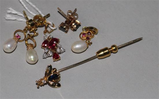 A 14ct yellow gold, ruby and diamond pendant, a yellow metal insect stick pin, a ruby and pearl pendant and two pairs of earrings